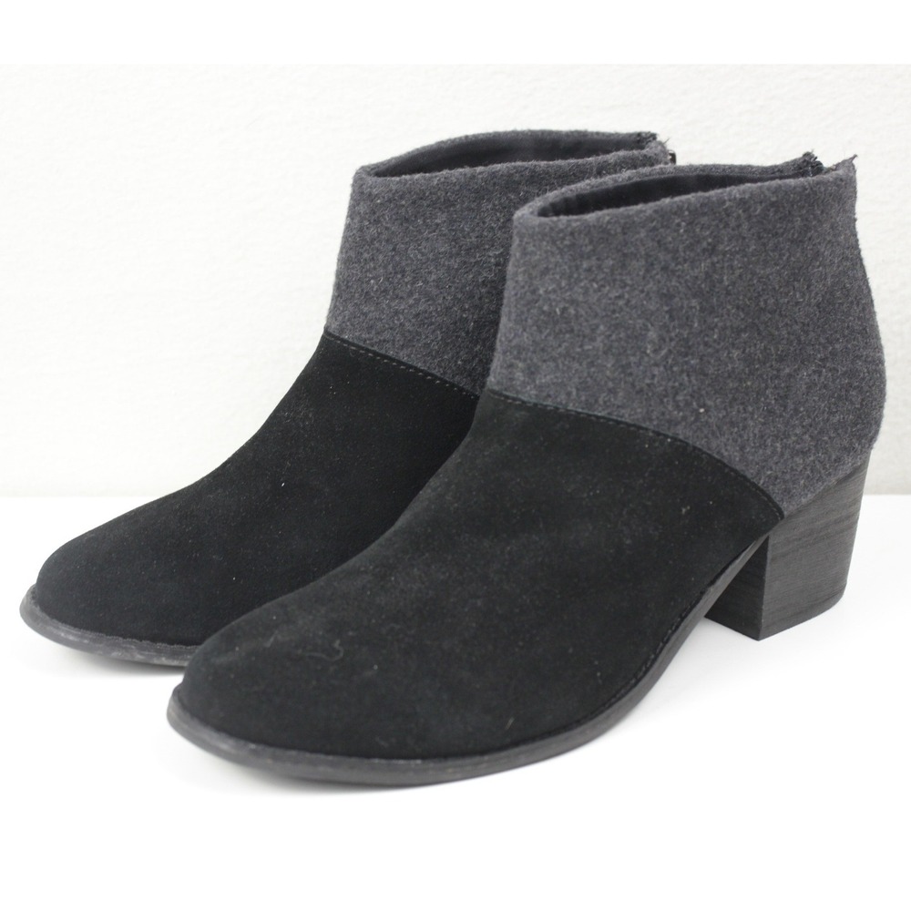 TOMS Leila Ankle Boots Womens 9.5 Black Suede Gray Wool Block Heel Zip